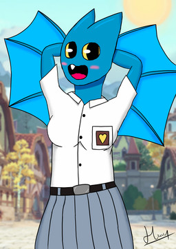 anthro bat_wings belt black_belt blue_body bottomwear brush brushing building clothing female grey_bottomwear grey_clothing grey_skirt happy heart_(marking) house markings membrane_(anatomy) membranous_wings open_mouth pose relaxing school_uniform shirt skirt sky solo sun teeth tongue topwear uniform village white_uniform wings yellow_eyes eqf18 cartoon_network mao_mao:_heroes_of_pure_heart adorabat bat canid canine canis mammal absurd_res digital_media_(artwork) hi_res watermark