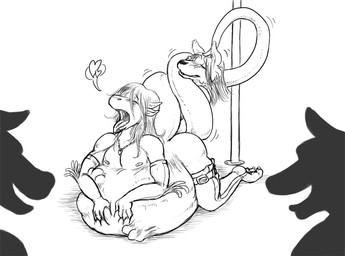 anal anal_penetration anal_vore anthro armwear audience belly big_belly blush claws clothed clothing eyes_closed foreskin genitals group hair hand_on_belly heart_symbol horn interspecies jewelry kneeling legwear long_hair male male/male male_penetrated male_penetrating male_penetrating_male navel necklace nipples nude open_mouth penetration penis pole sex simple_background smile speech_bubble tail teeth toe_claws tongue tongue_out vore white_background kalnareff mythology kalnareff_(character) canid canine canis dragon mammal mythological_creature mythological_scalie scalie wolf 2014 monochrome