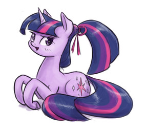 accessory cutie_mark female feral fetlocks fur hair hair_accessory hair_ribbon highlights_(coloring) horn looking_at_viewer lying on_front open_mouth pink_highlights ponytail purple_body purple_eyes purple_fur ribbons simple_background solo white_background king-kakapo friendship_is_magic hasbro my_little_pony mythology twilight_sparkle_(mlp) equid equine mammal mythological_creature mythological_equine unicorn 2015