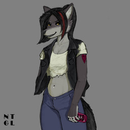 5_fingers alcohol aluminum_can anthro bedroom_eyes beer belly beverage beverage_can biped black_hair black_lips black_nose black_tail black_tattoo blue_bottomwear blue_clothing blue_jeans blue_pants bottomwear breasts cheek_tuft claws clothed clothing denim denim_bottomwear denim_clothing eyebrow_piercing eyebrows eyelashes facial_piercing facial_tuft fangs female finger_tattoo fingers fully_clothed fur grey_body grey_fur grin hair heart_tattoo inner_ear_fluff jacket jeans leather leather_clothing leather_jacket leather_topwear lips long_hair looking_at_viewer makeup mascara multicolored_body multicolored_fur multicolored_hair multicolored_tattoo narrowed_eyes navel navel_piercing pants piercing ponytail red_hair red_tattoo seductive shirt showing_teeth smile smiling_at_viewer solo standing t-shirt tail tattoo teeth three-quarter_view topwear torn_clothing torn_shirt torn_t-shirt torn_topwear tuft white_body white_clothing white_fur white_shirt white_t-shirt white_topwear yellow_eyes nightingale_hrt vivian_(nightingale_hrt) canid canine canis mammal wolf absurd_res hi_res