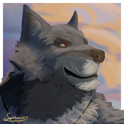 anthro black_body black_fur fur jewelry light looking_aside male necklace pointy_ears red_eyes solo text sagedraws2472 far_beyond_the_world_(series) vulgor_(far_beyond_the_world) canid canine canis mammal wolf 1:1 absurd_res artist_name bust_portrait hi_res lighting portrait