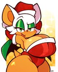 anthro big_breasts breasts christmas_clothing christmas_headwear cleavage clothed clothing costume eyeshadow female green_eyes hair hat headgear headwear holidays huge_breasts looking_at_viewer makeup santa_costume santa_hat short_stack simple_background smile smiling_at_viewer solo tan_body white_hair legendofnerd christmas sega sonic_the_hedgehog_(series) rouge_the_bat bat mammal 2024 4:5 hi_res