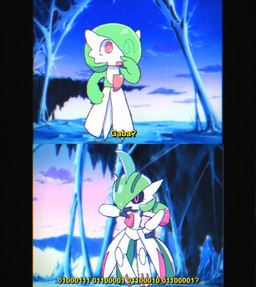 duo featureless_feet feet female gesture hair hair_over_eye hand_gesture humanoid_pointy_ears pointing pointing_at_self pointy_ears text melfunnysmell nintendo pokemon gaba_(melfunnysmell) future_pokemon gardevoir generation_3_pokemon generation_9_pokemon humanoid iron_valiant paradox_pokemon pokemon_(species) hi_res subtitled
