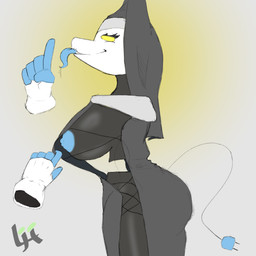 anthro breasts butt clothed clothing clothing_pull exposed_breasts female floating_hands floating_torso gloves handwear looking_at_viewer machine nun_habit nun_outfit raised_finger religious_clothing side_view simple_background smile smug_face smug_grin solo standing tail thick_thighs tongue tongue_out wide_hips yellow_eyes luckyhomie deltarune undertale_(series) tasque_manager darkner felid feline humanoid mammal 1:1 absurd_res digital_media_(artwork) hi_res