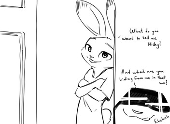 anthro asking asking_another asking_what clothing crossed_arms dialogue fur name_drop name_in_dialogue open_mouth open_smile question shirt smile t-shirt talking_to_another text topwear judyhopps44 disney zootopia judy_hopps lagomorph leporid mammal rabbit 11:8 english_text hi_res monochrome
