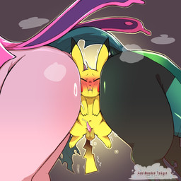 ambiguous_gender anthro balls between_butts biped black_body black_fur blush brown_body duo erection eyebrows feral front_view fur genitals green_body male mouth_closed penis pink_body pinned quadruped side_view simple_background size_difference tail two_against_one yellow_body yellow_tail cold-blooded-twilight friendship_is_magic hasbro my_little_pony nintendo palworld pocketpair pokemon queen_chrysalis_(mlp) generation_1_pokemon lovander pal_(species) pikachu pokemon_(species) 1:1 hi_res