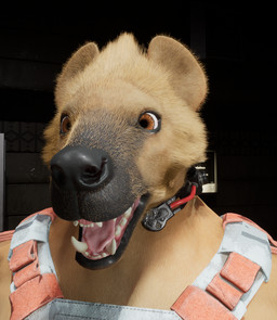 anthro armor clothing fur male open_mouth solo tan_body tan_fur teeth tongue topwear xmurowelx hyena mammal spotted_hyena 3d_(artwork) digital_media_(artwork)