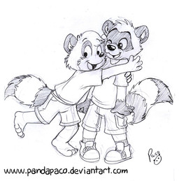 anthro bottomwear clothed clothing duo footwear head_tuft hug logo male open_mouth open_smile shirt shoes shorts simple_background smile standing t-shirt text topwear tuft young young_anthro young_male pandapaco art_(pandapaco) mammal procyonid raccoon 2016 artist_logo monochrome signature sketch url