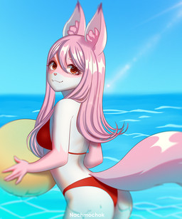 anthro ball beach beach_ball bikini blue_sky clothing day female hair holding_ball holding_object inflatable lens_flare long_ears long_hair looking_back outside red_bikini red_clothing red_swimwear sea seaside sky solo sun swimwear text two-piece_swimsuit water nachmochok brand_new_animal studio_trigger nazuna_hiwatashi canid canine fox mammal 2020 artist_name colored digital_drawing_(artwork) digital_media_(artwork) hi_res