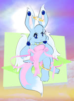 abstract_background anthro blue_body blue_eyes blue_fur breasts clothed clothing crossed_legs dress feathered_wings feathers female fluffy fluffy_tail flying frown fur halo hovering microsoft_powerpoint_(artwork) pointy_ears prick_ears sitting sky solo tail wings elpatrixf kriyu angel lagomorph leporid mammal rabbit 2025 animated high_framerate no_sound short_playtime
