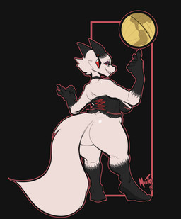 anthro barefoot big_breasts big_butt black_body black_fur bottomless breasts butt claws clothed clothing corset ear_piercing ear_ring feet female fur globe gloves_(marking) grin jewelry leg_markings lingerie looking_at_viewer looking_back markings mostly_nude necklace piercing plantigrade queen rear_view red_eyes ring_piercing royalty side_boob smile socks_(marking) soles solo toes topwear white_body white_fur wide_hips mangneto nakhta canid canine fox mammal 2019 hi_res