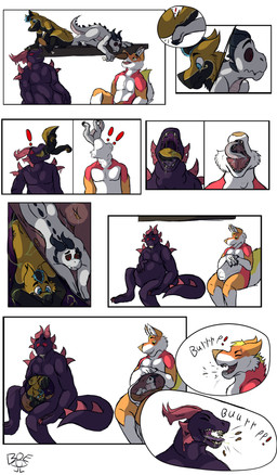 accidental_vore anthro anthro_pred black_sclera blue_eyes bodily_fluids burping dripping drumstick_(food) esophagus exclamation_point eyes_closed fangs foam goo_drip group guts horn inside_stomach larger_anthro larger_male larger_pred male male_pred male_prey muscular muscular_anthro muscular_male nude organs purple_body purple_flesh purple_insides purple_internal red_eyes red_sclera saliva saliva_drip saliva_string sharp_teeth size_difference slime soft_vore sound_effects spiked_tail spikes spikes_(anatomy) stomach stomach_acid tail tail_in_mouth teeth vore wet willing_pred x-ray_view yellow_eyes brightopticeyes mythology devourer_(razor_koopa) nau_wusky sofu_(voreloversofu) canid canine canis domestic_dog dragon goo_creature goo_dragon husky hybrid kobold mammal mythological_creature mythological_scalie nordic_sled_dog scalie spitz wolf 2021 absurd_res comic hi_res