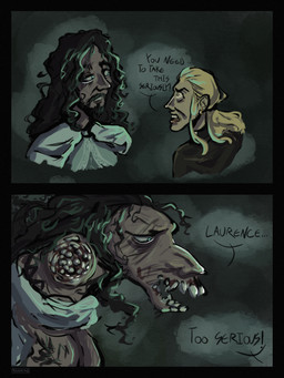 beard blonde_hair brown_hair dialogue duo ear_piercing facial_hair facial_scar hair long_hair male piercing ponytail scar vaxhunt bloodborne fromsoftware sony_corporation sony_interactive_entertainment ludwig_the_accursed_(bloodborne) vicar_laurence_(bloodborne) beast_(bloodborne) equid equine human humanoid mammal monster 3:4 comic hi_res meme