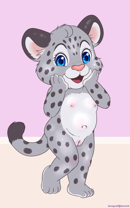 accessory anthro areola biped blue_eyes countershade_face countershade_torso countershading female flat_chested front_view genitals grey_body markings navel nipples nude open_mouth open_smile pink_nose simple_background smile solo spots spotted_body toddler tongue vulva white_body white_countershading young young_anthro young_female maverick felid mammal pantherine snow_leopard 2025 5:8 hi_res trans_(lore) trans_man_(lore)