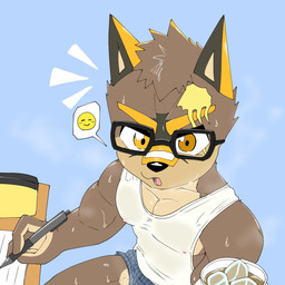 adolescent anthro biceps bodily_fluids clothing eyewear glasses male muscular muscular_male muscular_young nipple_outline pecs pen scar shirt solo sweat tank_top topwear translucent translucent_clothing young young_anthro young_male sakai_(artist) taisei_yotsukado canid canine canis mammal wolf 1:1 hi_res