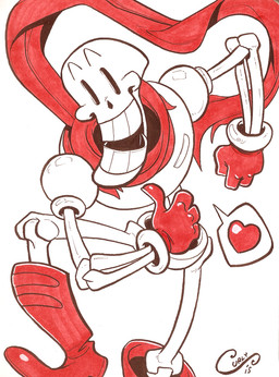 4_fingers anterior_nasal_aperture black_eyes bone boots bracelet clothed clothing empty_eyes fingers fist footwear front_view gesture gloves hand_gesture handwear heart_symbol humanoid_hands jewelry looking_at_viewer male not_furry open_mouth open_smile raised_arm raised_leg scarf shoes simple_background skeleton skull smile solo speech_bubble standing thumbs_up toony vertical_bar_eyes white_background white_body curlypie undertale undertale_(series) papyrus_(undertale) animated_skeleton humanoid undead 2015 marker_(artwork) mixed_media pen_(artwork) pictographics portrait restricted_palette signature three-quarter_portrait traditional_media_(artwork)