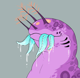 ambiguous_feral ambiguous_gender antennae_(anatomy) blue_tongue bodily_fluids dot_eyes dripping drooling feral grey_background markings mouth_closed purple_body purple_markings saliva saliva_drip simple_background simple_eyes solo spots spotted_back spotted_head spotted_neck tongue tongue_out yellow_spots swampjaws gastropod mollusk slug