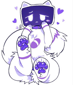 clothing collar collar_only embarrassed feral fluffy fluffy_tail for_a_head fur heart_symbol machine male nude purple_clothing purple_paws screen screen_face solo tail white_body white_fur unknown_artist chatty_(max) felid feline mammal object_head robot screen_head hi_res