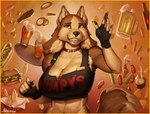 5_fingers alcohol anthro beer beverage big_breasts border breasts brown_body brown_fur brown_tail burger choker cleavage clothed clothing ear_piercing female fingerless_gloves fingers food fries fur gloves green_eyes handwear jewelry midriff multicolored_body multicolored_fur navel necklace pawpads piercing solo tail tan_body tan_fur tan_tail teeth topwear two_tone_body two_tone_fur two_tone_tail waiter yellow_border greasymojo roxanne_(greasymojo) canid canine canis mammal wolf 2024 absurd_res bust_portrait hi_res huge_filesize portrait signature