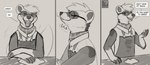 ambiguous_gender anthro apron casual_vore clothing duo eyewear glasses looking_at_viewer micro neck_bulge open_mouth oral_vore simple_background swallowing talking_to_viewer text vore slimyjaws milo_(slimyjaws) domestic_ferret mammal mouse murid murine mustelid musteline rodent true_musteline weasel english_text hi_res monochrome sequence