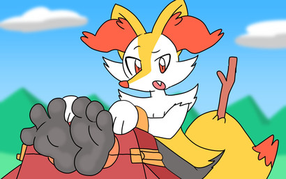 3_toes ambiguous_gender anthro black_body black_fur blurred_background cheek_tuft cloud dipstick_tail eyebrows facial_tuft feet foot_focus fur fur_tuft humanoid_feet markings object_in_tail open_mouth orange_body orange_eyes orange_fur orange_nose orange_tail_tip plantigrade raised_eyebrow restrained restraints sky soles solo stick stick_in_tail stocks tail tail_markings toes tuft white_body white_fur yellow_body yellow_fur compysteps nintendo pokemon braixen generation_6_pokemon pokemon_(species) 16:10 hi_res widescreen
