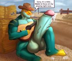 2023 3_toes 5_fingers acoustic_guitar anthro balls biceps big_balls big_muscles big_penis blue_body blue_penis blue_scales blush blush_lines bodily_fluids breath claws clothing cloud collared_lizard common_collared_lizard cowboy_hat day deltoids detailed_background dialogue_box digital_drawing_(artwork) digital_media_(artwork) dirt_road feet fence fingers foreskin genital_fluids genitals glans green_eyes guitar hat hat_only hay hay_bale haydenskull headgear headgear_only headwear headwear_only hi_res huge_balls huge_penis humanoid_genitalia humanoid_penis humor hyper hyper_balls hyper_genitalia hyper_penis leaking_precum lizard looking_at_genitalia looking_at_penis male markings monroe_lehner mostly_nude muscular muscular_anthro muscular_arms muscular_male musical_instrument non-mammal_balls outside overcast panting partially_retracted_foreskin pecs penis pink_glans playing_guitar playing_music plucked_string_instrument precum precum_on_penis pun reptile retracted_foreskin road road_sign rock scales scalie signature sitting sitting_on_ground sky solo spots spotted_body spotted_scales string_instrument striped_body striped_scales stripes sweat thick_penis toe_claws toes tongue tongue_out vein veiny_penis yellow_body yellow_scales