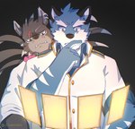 anthro black_body black_fur blue_body blue_fur card clothing duo ear_piercing ear_ring eye_scar facial_scar fur glistening glistening_eyes jacket light looking_down male piercing quills_(anatomy) ring_piercing scar thinking topwear underbite kemmuono bandai_namco digimon knights_college argo_northrop canid canine canis digimon_(species) mammal shadowweregarurumon wolf hi_res