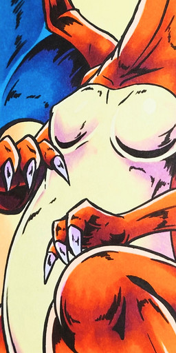 anthro blue_eyes breasts claws eyelashes featureless_breasts female half-closed_eyes horn looking_at_viewer membrane_(anatomy) membranous_wings narrowed_eyes non-mammal_breasts open_mouth orange_body orange_skin solo tongue wings 025aki mythology nintendo pokemon charizard dragon generation_1_pokemon mythological_creature mythological_scalie pokemon_(species) reptile scalie 2023 absurd_res dated hi_res long_image signature tall_image