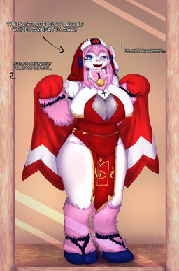 anthro bell big_breasts breasts cloak clothing cosplay crossover_cosplay female mirror mirror_reflection nun nun_outfit reflection solo standing star_eyes text syst cult_of_the_lamb massive_monster_(studio) nintendo pokemon fan_character ninfii_(syst) red_crown_(cult_of_the_lamb) bovid caprine eeveelution generation_6_pokemon hybrid mammal pokemon_(species) sheep sylveon absurd_res crossover english_text hi_res