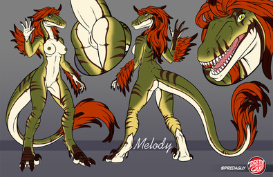 anthro bared_fangs bared_teeth barefoot breasts butt countershade_butt countershade_face countershade_feet countershade_legs countershade_neck countershade_tail countershade_torso countershading feather_hair feathered_wings feathers feet female front_view gesture green_body hair looking_at_viewer markings non-mammal_breasts nude open_mouth open_smile pseudo_hair rear_view red_hair smile solo striped_markings stripes tail tail_feathers toned_female waving wings yellow_eyes predaguy melody_(user_55) dinosaur dromaeosaurid feathered_dinosaur feathered_scalie prehistoric_species reptile scalie theropod velociraptor hi_res model_sheet portrait