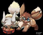 blue_eyes bowl brown_body clothing container duo eating eyewear face_squish feral food forepaw_on_face fur glasses grey_body grey_fur hungry legwear noodles piercing pushing pushing_away quadruped ramen simple_background squish stockings tongue tongue_out transparent_background blitzdrachin conditional_dnp nintendo pokemon fan_character canid eevee generation_1_pokemon mammal pokemon_(species) 2023 alpha_channel digital_media_(artwork) full-length_portrait portrait