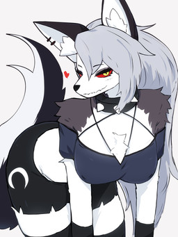 anthro bedroom_eyes breasts clothed clothing collar female fur grey_hair hair heart_symbol inner_ear_fluff narrowed_eyes nipple_outline red_sclera seductive solo spiked_collar spikes tuft white_body white_fur yellow_eyes yonaga hellaverse helluva_boss mythology loona_(helluva_boss) canid canid_demon canine demon hellhound mammal mythological_canine mythological_creature 3:4 hi_res