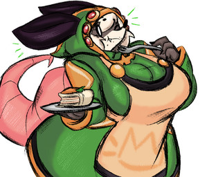 anthro big_breasts breasts cake carrot_cake clothed clothing cutlery dessert eating eating_food emanata female food fork fully_clothed hairless_tail huge_breasts huge_hips kitchen_utensils one_eye_closed overweight overweight_anthro overweight_female plate rat_tail robe solo tail thick_tail thick_thighs tools wide_hips wink genndude atlyss sally_(atlyss) american_opossum chang_(atlyss) mammal marsupial hi_res