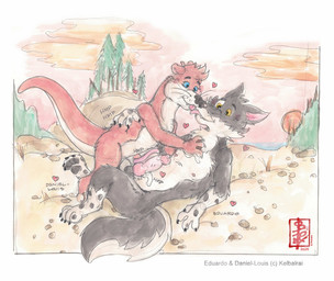 animal_genitalia animal_penis anthro aroused balls blush bodily_fluids canine_genitalia canine_penis daniel_louis_(kelbalrai) duo face_to_face frottage genital_fluids genitals heart_symbol kissing knot lutrine_penis male male/male penile penis penises_touching precum rubbing_dicks scenery sex sound_effects sunset tail text whiskers fennec_(artist) eduardo_(kelbalrai) canid canine canis domestic_dog mammal mustelid otter painting_(artwork) traditional_media_(artwork) watercolor_(artwork)