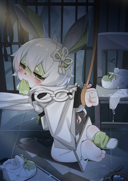 3_toes 4_fingers accessory ahoge anthro bangs bars bdsm blush blush_lines bodily_fluids bodysuit bondage bound bow_ribbon briefs captured chair clothed clothing coat crying cum cum_drip cum_on_clothing cum_on_face cum_on_footwear cum_on_ground cum_on_shoes cum_on_underwear curtains discarded_clothing discarded_footwear discarded_underwear dripping eyebrows feet fingers floor foot_fetish foot_focus footwear fur furniture genital_fluids green_body green_clothing green_ears green_eyes green_fur green_legwear hair hair_accessory hair_bow hair_ribbon hairclip hands_behind_back hands_tied hands_tied_behind_back inside kneeling latex latex_bodysuit latex_clothing latex_skinsuit legwear long_ears looking_at_viewer male one_sock_on paperwork prison prison_cell rabbit_ears rabbit_print reflective_floor restraints ribbons rope rope_bondage shoes shoes_removed skinsuit sock_fetish sock_in_mouth socks socks_removed solo spank_marks stocks sweater tears tight_clothing tile tile_floor toes topwear underwear whip white_briefs white_clothing white_eyebrows white_footwear white_hair white_underwear young young_anthro young_male unknown_artist lagomorph leporid mammal rabbit hi_res
