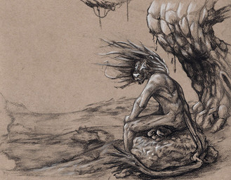 ambiguous_gender anthro hand_on_knee hand_on_leg hand_on_own_knee hand_on_own_leg head_turned mane nude nude_anthro on_rock outside plant rear_view rock sitting sitting_on_rock solo tail tail_tuft tree tuft wind deriaz felid lion mammal pantherine 2014 graphite_(artwork) traditional_media_(artwork)