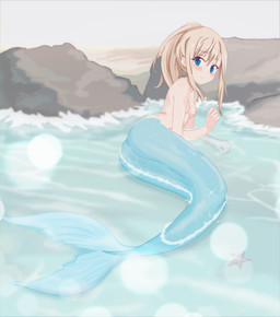 beach blonde_hair blue_body blue_eyes blue_scales blush breasts detailed_background female fin hair looking_at_viewer lying nipples nude on_side partially_submerged raised_arm rock scales sea seaside shy small_breasts solo split_form tail tail_fin water rinshi fan_character aquatic asterozoan echinoderm humanoid merfolk starfish absurd_res hi_res