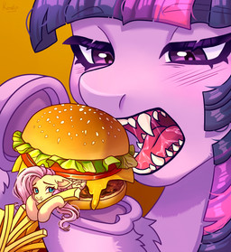 blush blush_lines bodily_fluids burger duo extreme_size_difference fangs female feral food fur hair hooves looking_back micro_female micro_feral open_mouth pink_hair purple_body purple_eyes purple_fur purple_hair saliva saliva_on_tongue saliva_string sharp_teeth simple_background size_difference teeth underhoof vore yellow_background yellow_body yellow_fur konejo friendship_is_magic hasbro my_little_pony fluttershy_(mlp) twilight_sparkle_(mlp) 2023 colored digital_drawing_(artwork) digital_media_(artwork) hi_res shaded