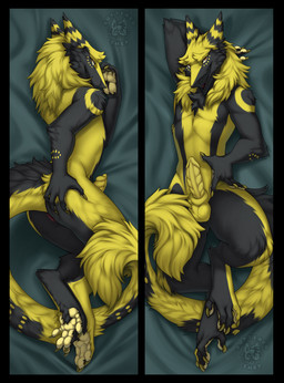 animal_genitalia anus balls bedding claws dakimakura erection fur genitals looking_at_viewer lying male nude on_back on_side pawpads penis sheath smile solo tail tail_tuft tuft butteredshep jackel_(hacksource553) sergal dakimakura_design hi_res