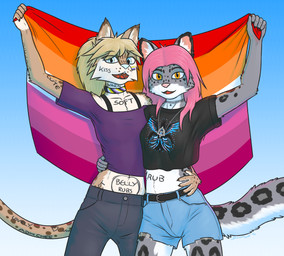 anthro body_writing bottomwear cargo_pants choker clothed clothing collar crop_top duo female flag flag_(object) fur hair hand_on_side happy holding_flag holding_object jewelry lesbian_pride_colors lgbt_pride markings necklace nonbinary_pride_colors open_mouth pants ponytail pride_colors print_clothing print_shirt print_t-shirt print_topwear shirt shorts simple_background smile spots t-shirt tail therian_symbol topwear dawnlux lgbt_pride_month ane_(anetxuu) koko_(exoskye) cheetah felid feline mammal pantherine snow_leopard hi_res shaded nonbinary_(lore)