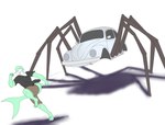 ambiguous_gender anthro bottomwear clothed clothing duo looking_at_another machine male running scared shirt shorts simple_background t-shirt topwear vehicle what_has_science_done white_background photolol.03 volkswagen_beetle flexet_(photolol.03) arachnid arthropod fish marine shark spider flat_colors hi_res