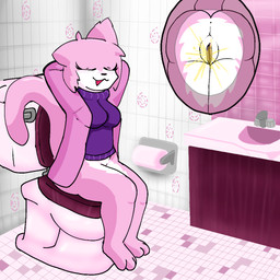 anthro big_breasts big_butt bodily_fluids bottomless breasts butt clothed clothing eyelashes female genital_fluids hair jacket peeing pink_hair relieved satisfied sitting sitting_on_toilet solo sweater toilet topwear topwear_only urine talzothegoob vg_cats aeris_(vg_cats) domestic_cat felid feline felis mammal 1:1