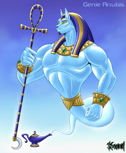 anthro blue_eyebrows blue_eyes blue_nose cane eyebrows gold_accessory magic_lamp male simple_background solo noki001 egyptian_mythology middle_eastern_mythology mythology anubis deity genie absurd_res hi_res