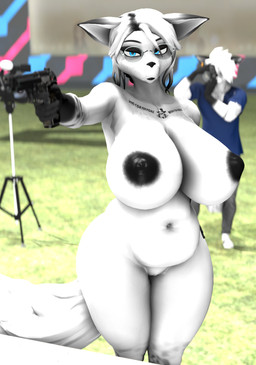 5_fingers anthro areola barely_visible_genitalia barely_visible_vulva belly big_areola big_breasts black_body black_fur black_hair black_highlights blue_eyes blurred_background breasts camera chest_tattoo curvy_figure duo eyewear female fingers fluffy fluffy_tail freckled_chest freckled_face freckles fur genitals glasses gun hair hand_on_hip hand_on_own_hip handgun highlights_(coloring) holding_gun holding_handgun holding_object holding_ranged_weapon holding_weapon huge_breasts huge_hips huge_thighs long_tail male mature_anthro mature_female multicolored_body multicolored_fur multicolored_hair navel nipples nude nude_anthro nude_female outside ranged_weapon slightly_chubby tail tattoo thick_thighs two_tone_body two_tone_fur two_tone_hair voluptuous voluptuous_anthro voluptuous_female vulva weapon white_body white_fur white_hair wide_hipped_anthro wide_hipped_female wide_hips atoastedorange warfaremachine_(modeler) 2024_paris_olympics olympics abby_(domibun) leon_(atoastedorange) yusuf_dikec canid canine fox mammal 2025 3d_(artwork) digital_media_(artwork) hi_res meme source_filmmaker_(artwork)