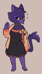 anthro barefoot beak bell claws clothing collar dress feet female fur looking_at_viewer pawpads purple_body purple_fur simple_background smile solo standing tail eerieviolet avian bird domestic_cat felid feline felis hybrid mammal 2023 4:7 digital_media_(artwork) hi_res