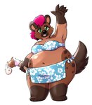 3_toes 5_fingers anthro barefoot bikini breasts brown_body brown_fur claws cleavage clothed clothing dessert facial_tuft feet female finger_claws fingers floral_print food fur green_eyes hair holding_food holding_object ice_cream ice_cream_cone looking_at_viewer markings midriff navel open_mouth open_smile overweight overweight_female pink_hair raised_arm sharp_teeth short_hair simple_background smile solo spots spotted_body spotted_fur standing swimwear teeth tied_bikini toes tuft two-piece_swimsuit wave white_background anaugi nikki_(targey) hyena mammal spotted_hyena 2023 absurd_res hi_res