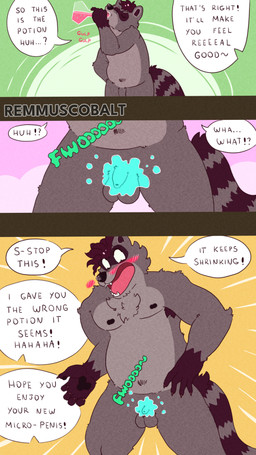 anthro belly duo embarrassed exposed fantasy genitals genitals_shrinking humiliation magic male micropenis nude penis penis_humiliation penis_shrinking potion small_penis small_penis_humiliation text remmus_cobalt mammal procyonid raccoon 4k 9:16 absurd_res comic english_text hi_res