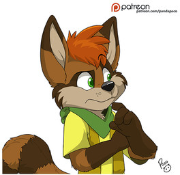 anthro brown_body brown_fur clothed clothing dipstick_ears ear_markings fur glistening glistening_eyes gloves_(marking) green_eyes hair logo male markings mouth_closed multicolored_ears orange_hair shirt short_hair simple_background solo striped_markings striped_tail stripes t-shirt tail tail_markings text topwear vest white_background yellow_clothing yellow_shirt yellow_t-shirt yellow_topwear yellow_vest young young_anthro young_male pandapaco canid canine hybrid mammal procyonid raccoon artist_logo half-length_portrait portrait signature url