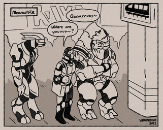 ambiguous_gender anthro armor crossed_arms group handbag male train_station trio varanidius bioware electronic_arts halo_(series) mass_effect microsoft xbox_game_studios commander_shepard urdnot_wrex alien human krogan mammal sangheili hi_res
