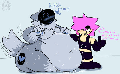 anthro belly_rub big_butt blush bodily_fluids butt duo heart_symbol machine male male/male motion_lines nervous onomatopoeia overweight overweight_male rumbling_stomach sound_effects sweat tail tail_motion tailwag text domlol dom_(domlol) moss_(domlol) human mammal protogen 16:10 hi_res widescreen